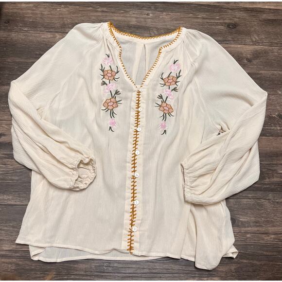 Boho Embroidered Blouse Cream Floral Peasant Sleeves Top L Cottagecore Coquette - Picture 4 of 10
